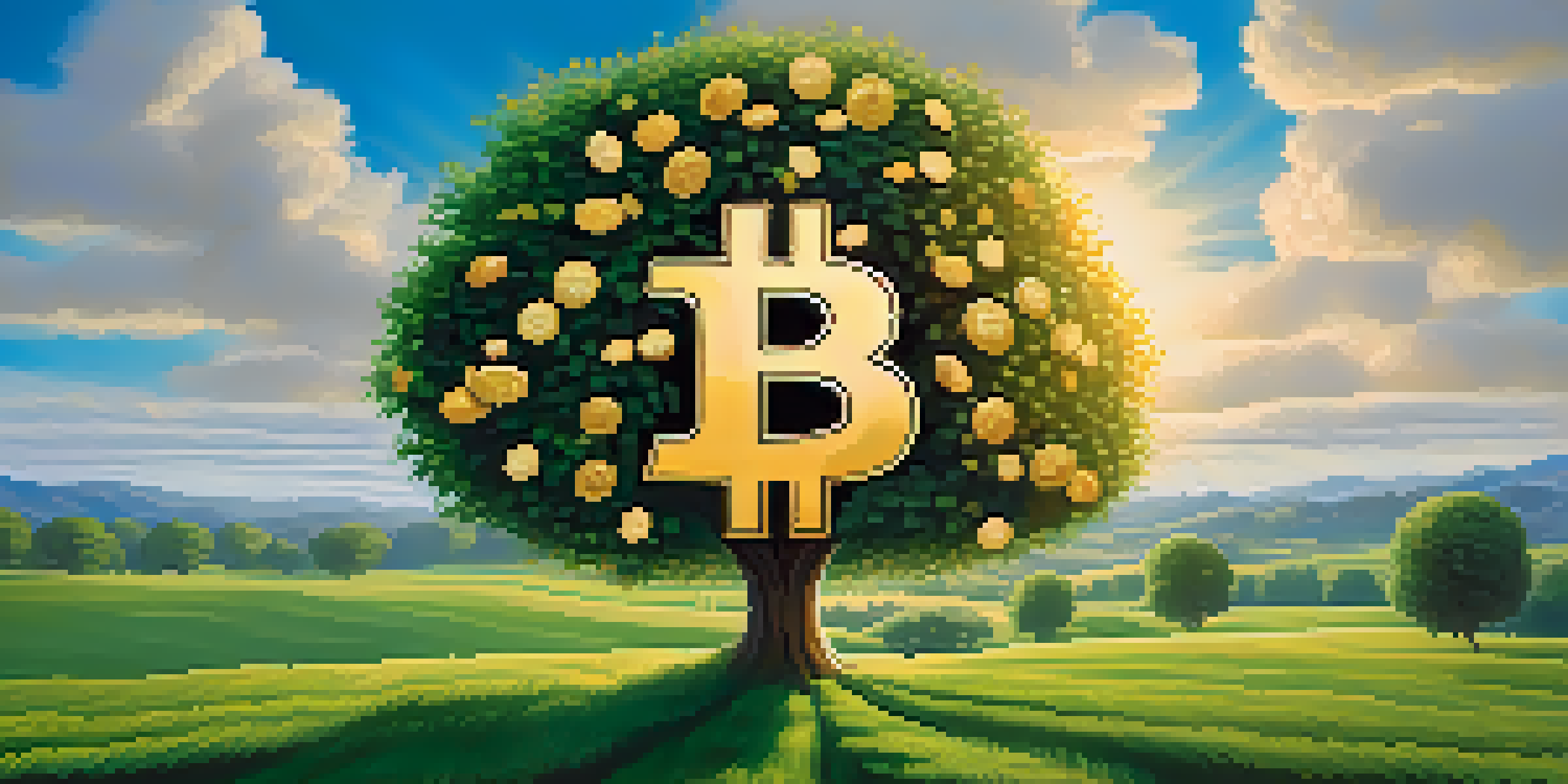 A picturesque scene featuring a Bitcoin tree in a green field with golden coins hanging from its branches, under a blue sky.