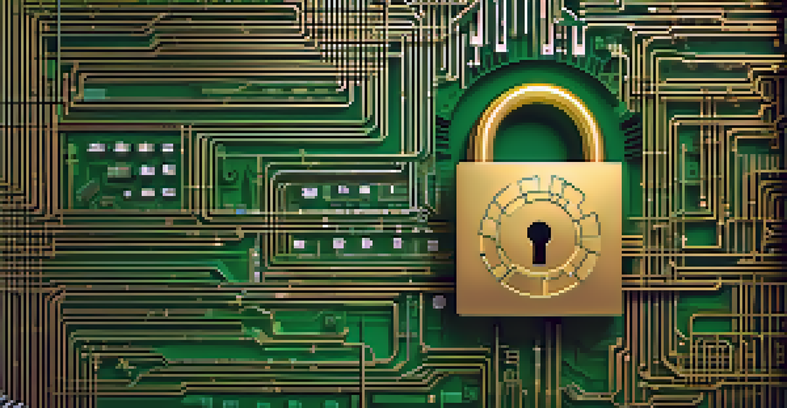 An abstract image of a lock made of binary code and blockchain elements, in vibrant green and gold colors, symbolizing security in digital identity.