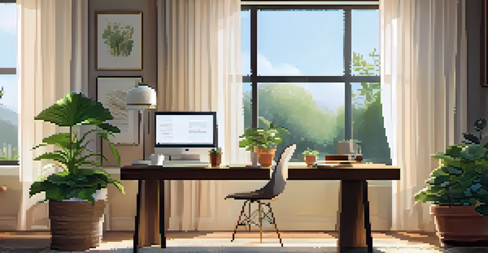 A cozy home office with a wooden desk, a laptop, and sunlight streaming through a window, creating a peaceful work environment.