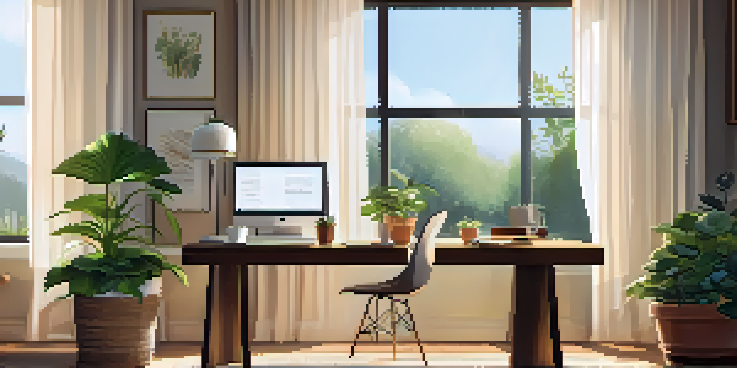 A cozy home office with a wooden desk, a laptop, and sunlight streaming through a window, creating a peaceful work environment.