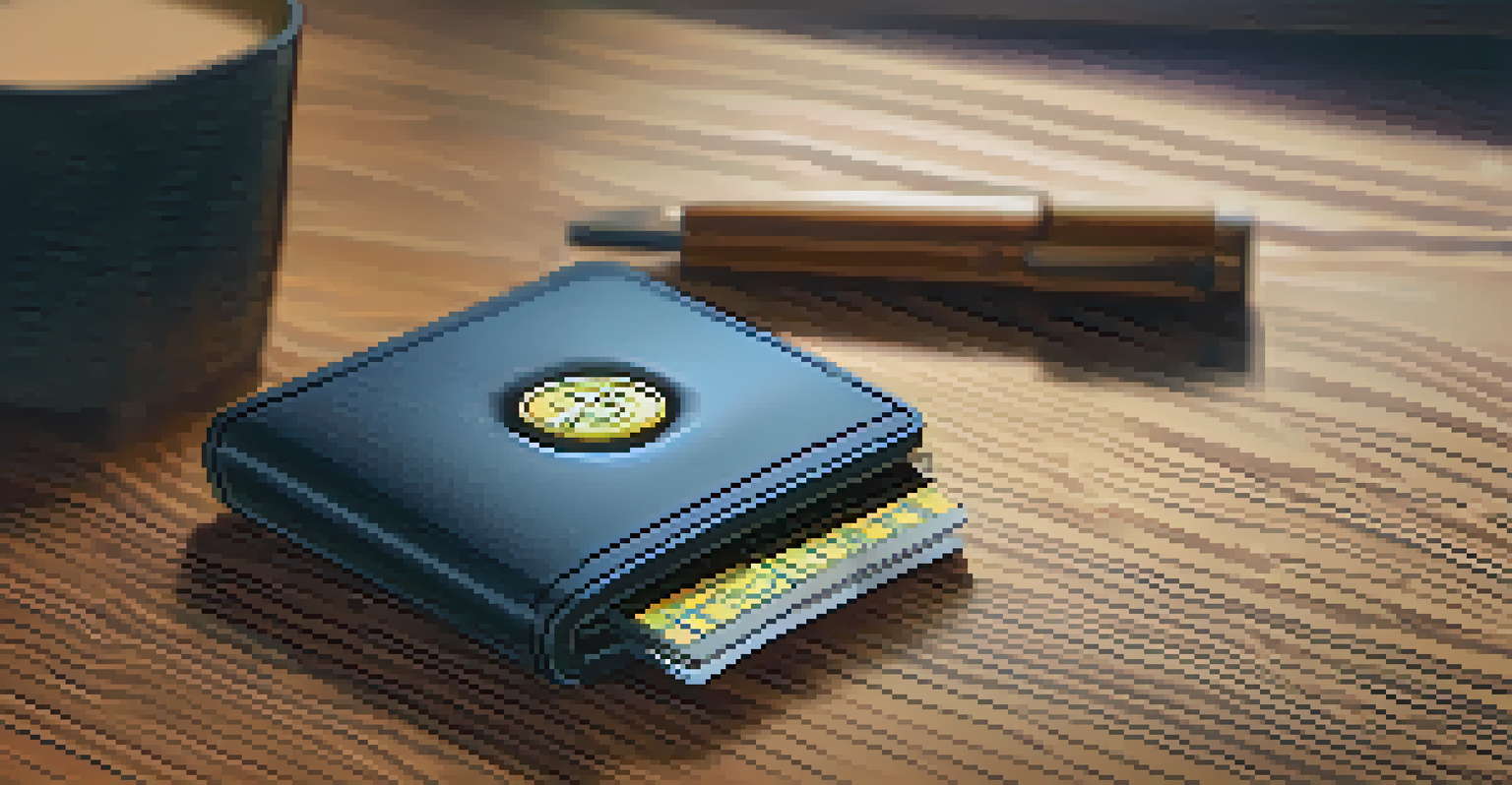 A close-up of a hardware wallet on a wooden table, with a notepad and warm lighting.