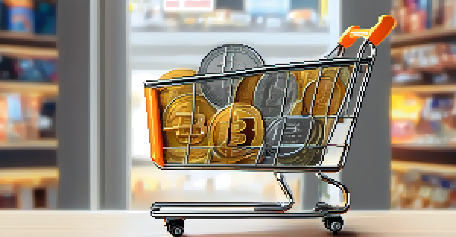 An e-commerce shopping cart filled with digital currencies, including Bitcoin, set in a warm and inviting online store environment.