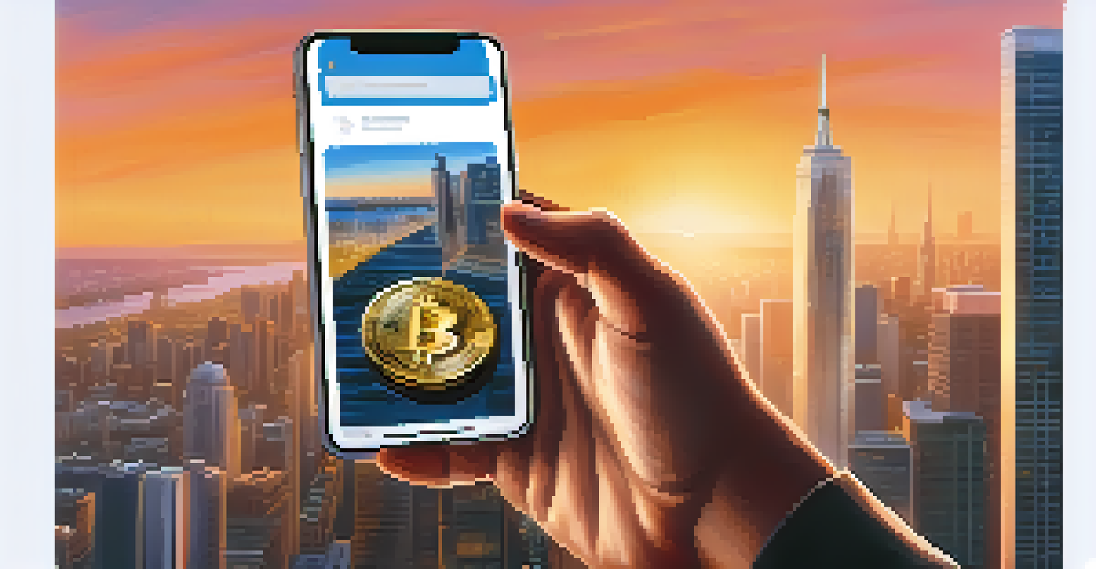 A close-up of a hand holding a smartphone with a Bitcoin wallet app, against a city skyline during sunset, symbolizing financial empowerment.
