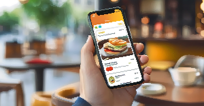 A smartphone displaying a modern hot wallet interface in a café setting, with people talking in the background.