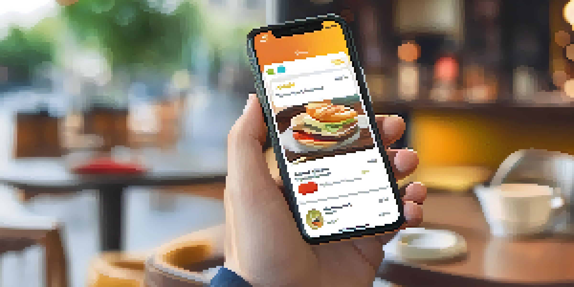 A smartphone displaying a modern hot wallet interface in a café setting, with people talking in the background.