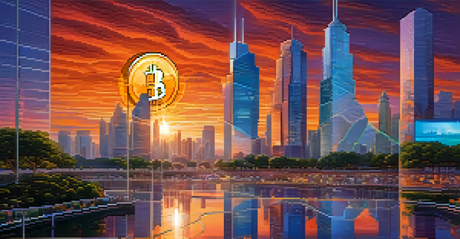 A futuristic cityscape with Bitcoin symbols in the architecture, set against a colorful sunset sky, featuring digital screens.