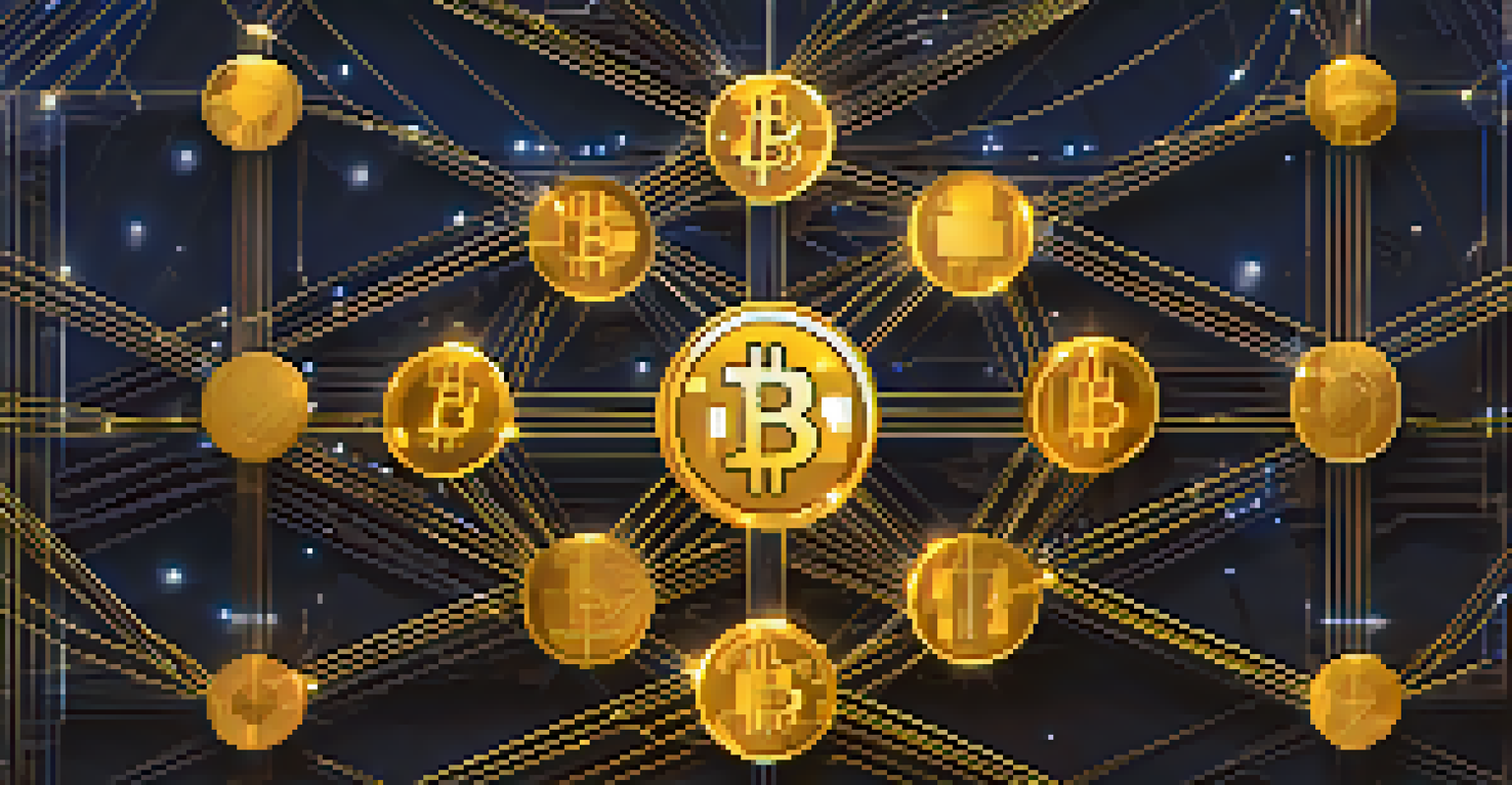 A golden Bitcoin coin floating above a blockchain network with glowing lines, symbolizing decentralization.