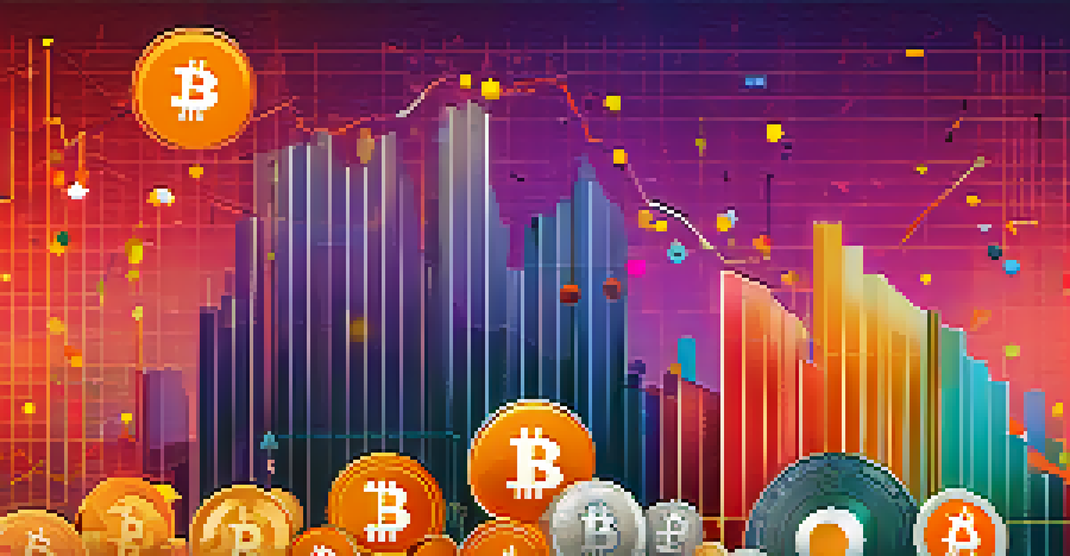 An abstract graph illustrating Bitcoin market sentiment with icons of emotions like fear and greed in a colorful background.