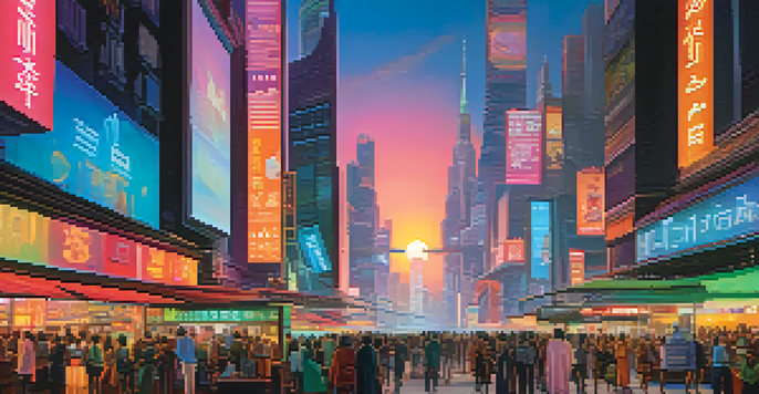 A vibrant futuristic city skyline at dusk with neon lights and a busy market street.