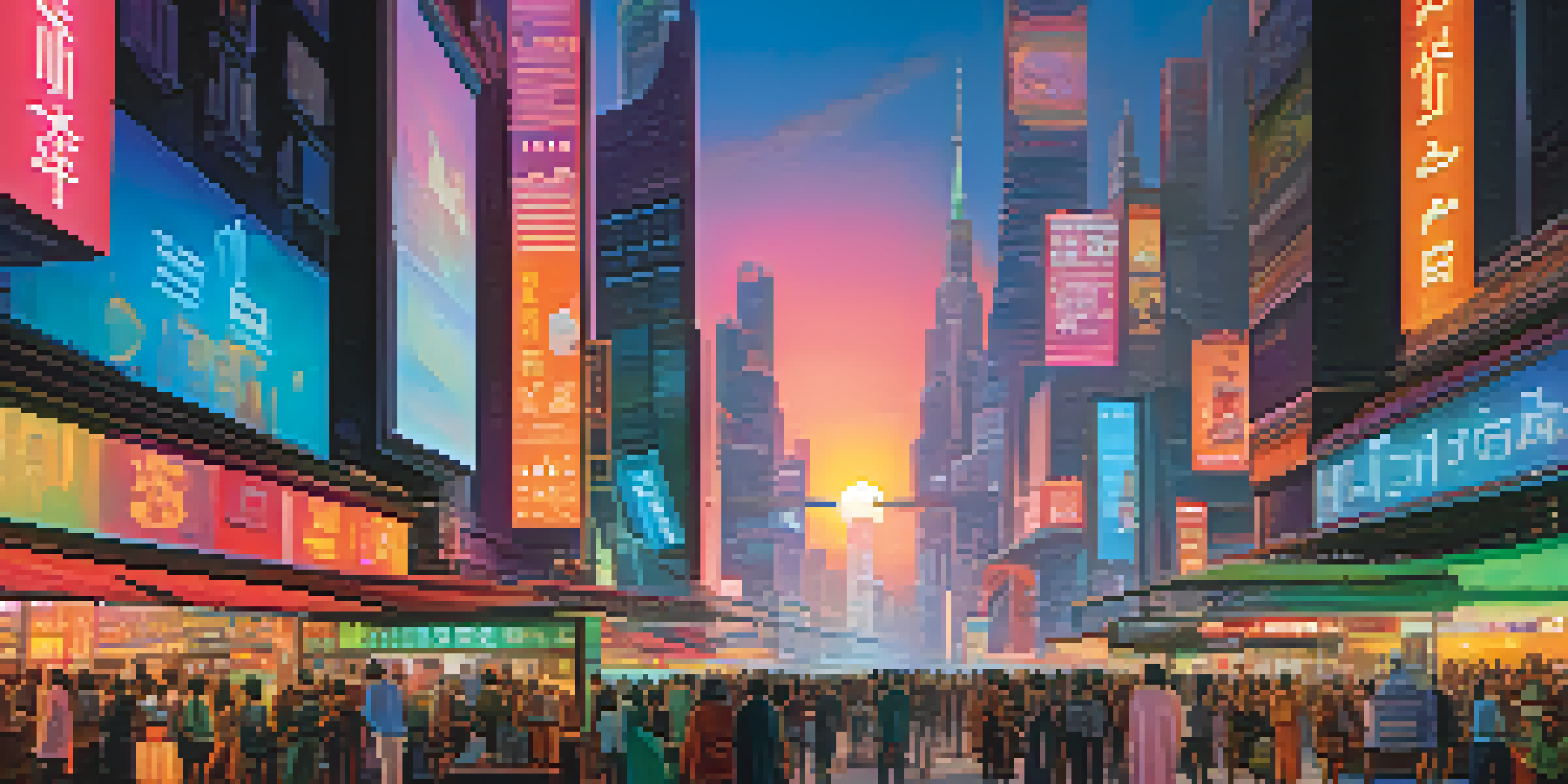 A vibrant futuristic city skyline at dusk with neon lights and a busy market street.