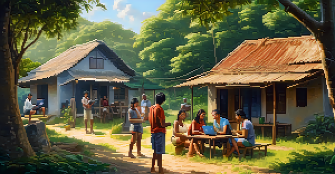 A diverse group of people in a remote village happily using smartphones, surrounded by greenery and simple homes, showing expressions of joy.