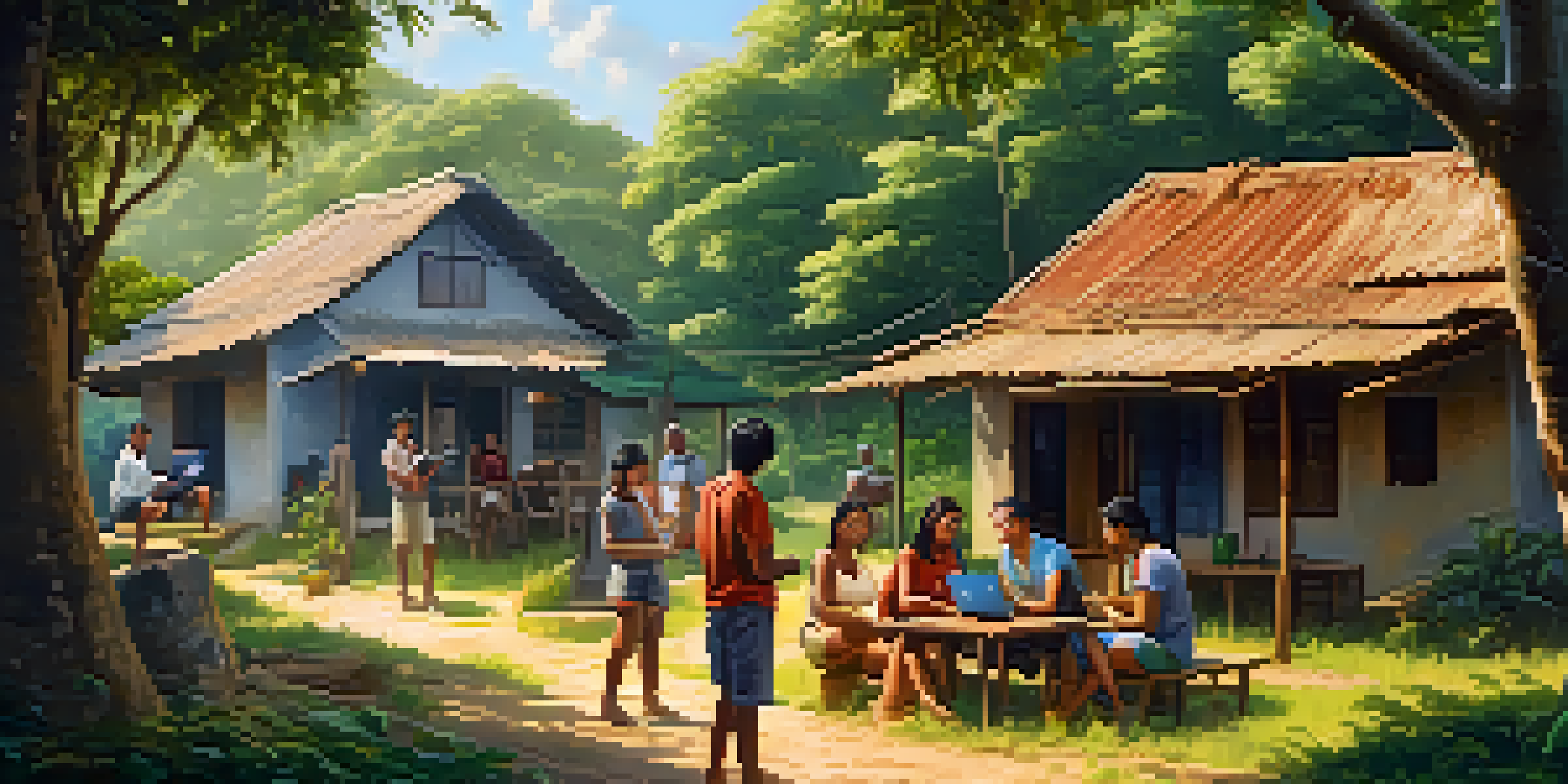 A diverse group of people in a remote village happily using smartphones, surrounded by greenery and simple homes, showing expressions of joy.