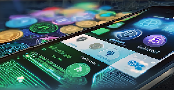 A modern digital wallet interface on a smartphone showcasing cryptocurrencies, particularly Bitcoin, with holographic animations in the background.