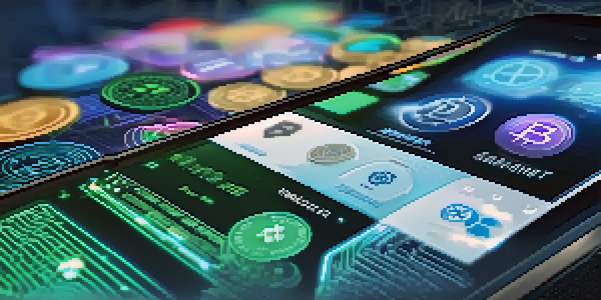 A modern digital wallet interface on a smartphone showcasing cryptocurrencies, particularly Bitcoin, with holographic animations in the background.