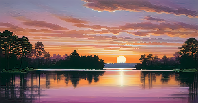 A beautiful sunset over a calm lake with colorful reflections in the water.