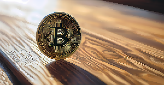 A close-up of a Bitcoin coin on a wooden table, illuminated by soft natural light.