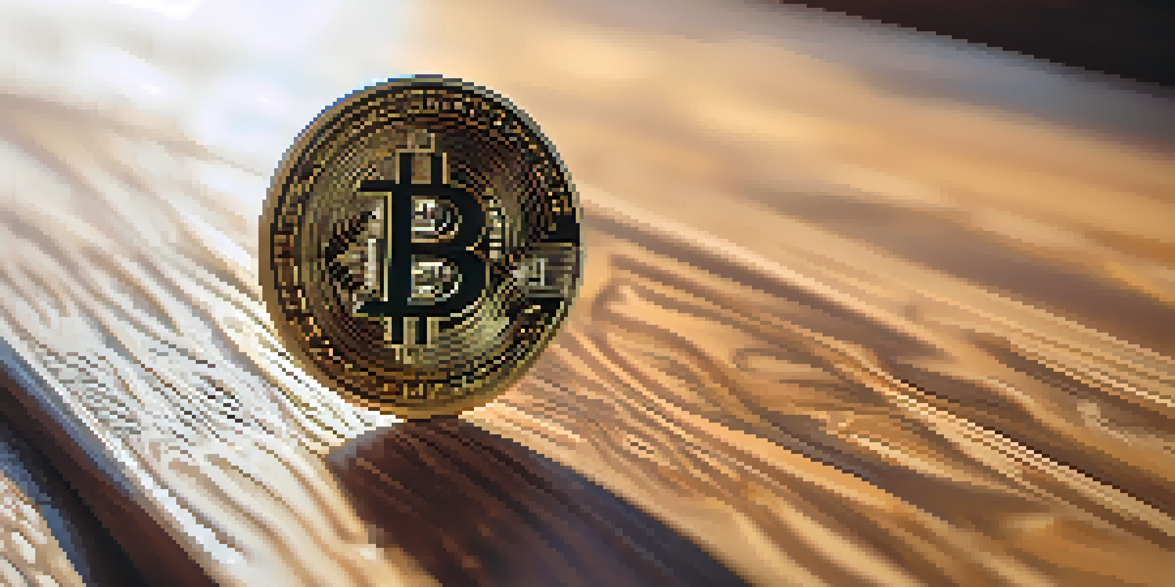 A close-up of a Bitcoin coin on a wooden table, illuminated by soft natural light.