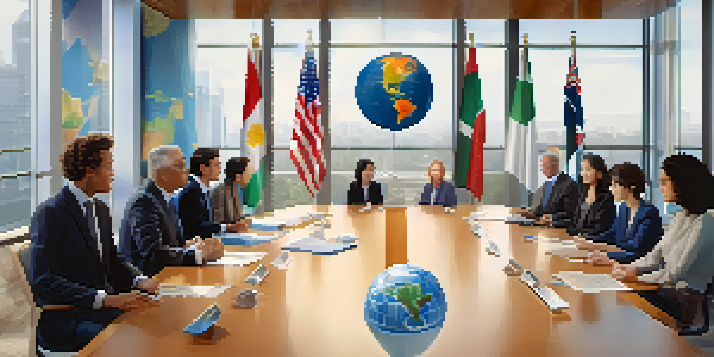 A globe surrounded by flags of different countries in a modern conference room, symbolizing international cooperation.