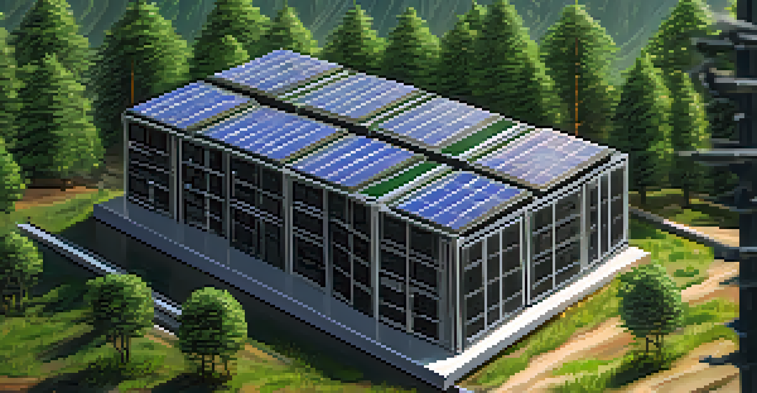 A close-up of a Bitcoin mining rig surrounded by plants and solar panels reflecting sunlight.