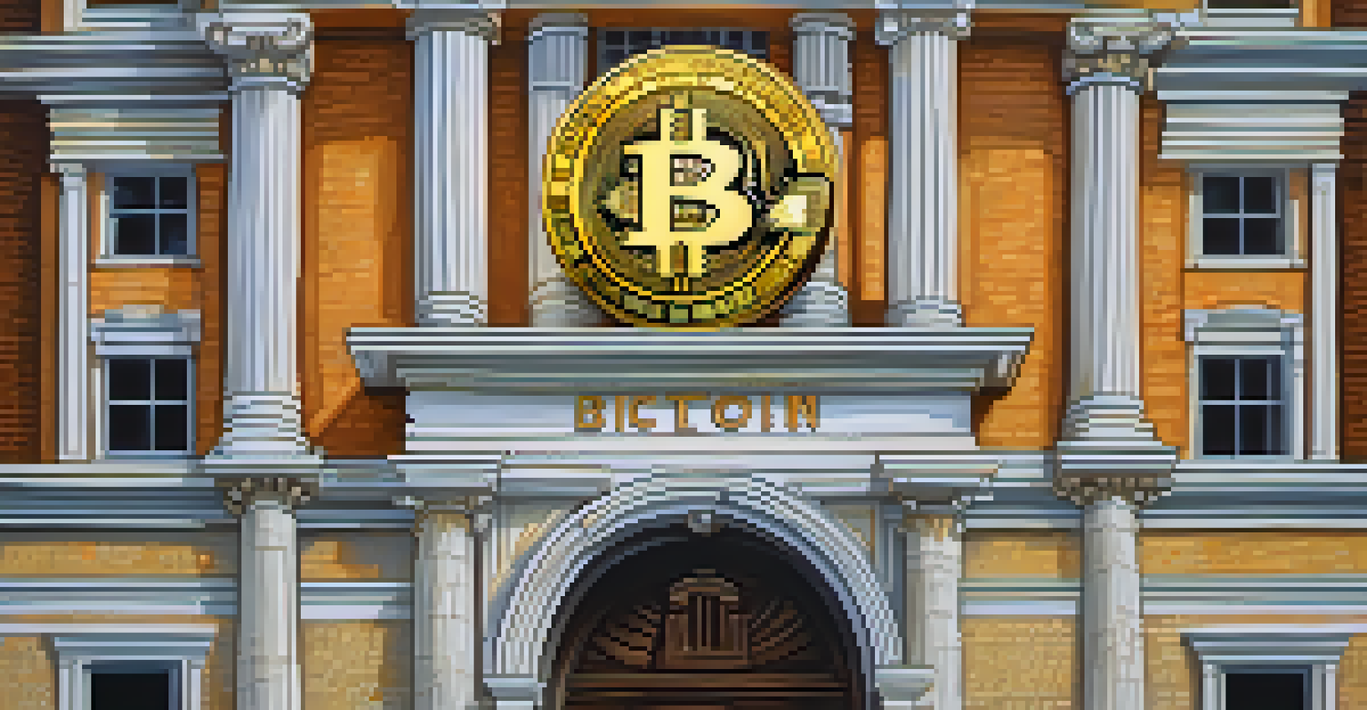 An artistic depiction of a Bitcoin symbol combined with traditional banking elements, showcasing the connection between digital currency and microfinance.
