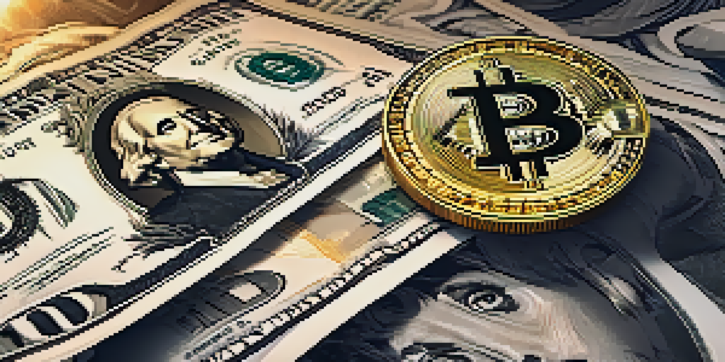 A golden Bitcoin coin on dollar bills, illuminated by warm light, symbolizing wealth and investment.