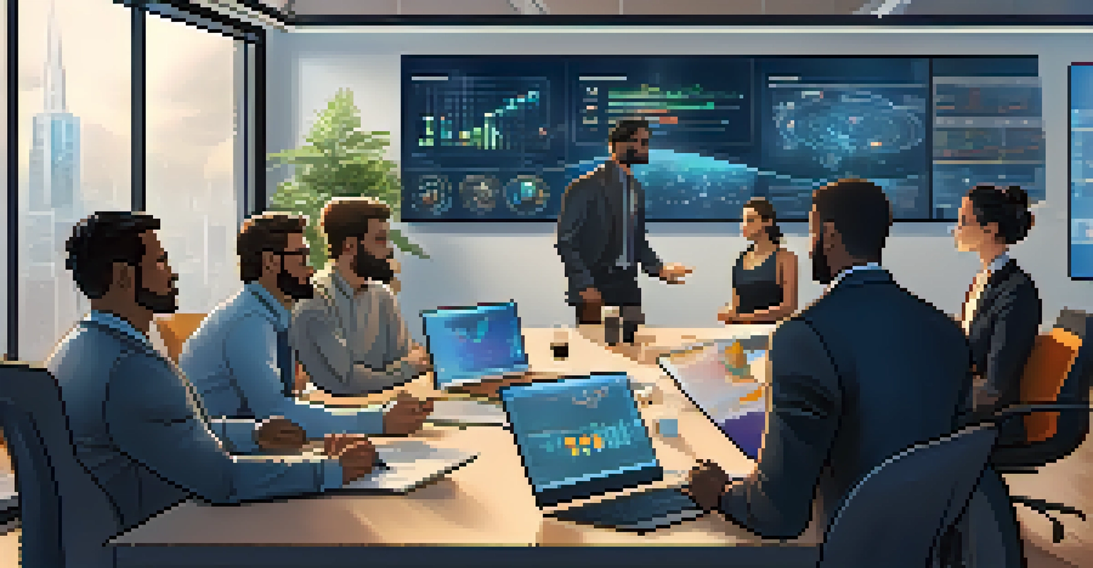 A diverse group of professionals collaborating in a bright office, discussing cryptocurrency regulations with charts on a large screen.