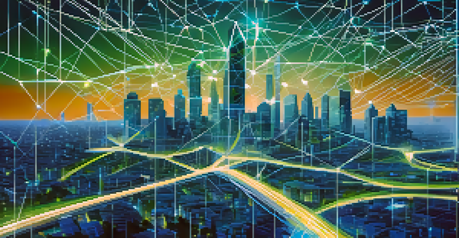 An abstract illustration of a blockchain network with glowing nodes and a futuristic city skyline, representing the technology behind Bitcoin.