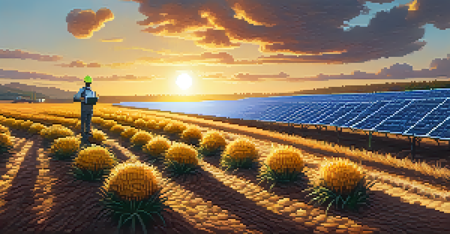 A miner holding a Bitcoin in front of a solar farm.
