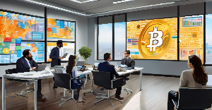 A group of diverse professionals in a modern office discussing Bitcoin trends with digital displays and graphs.