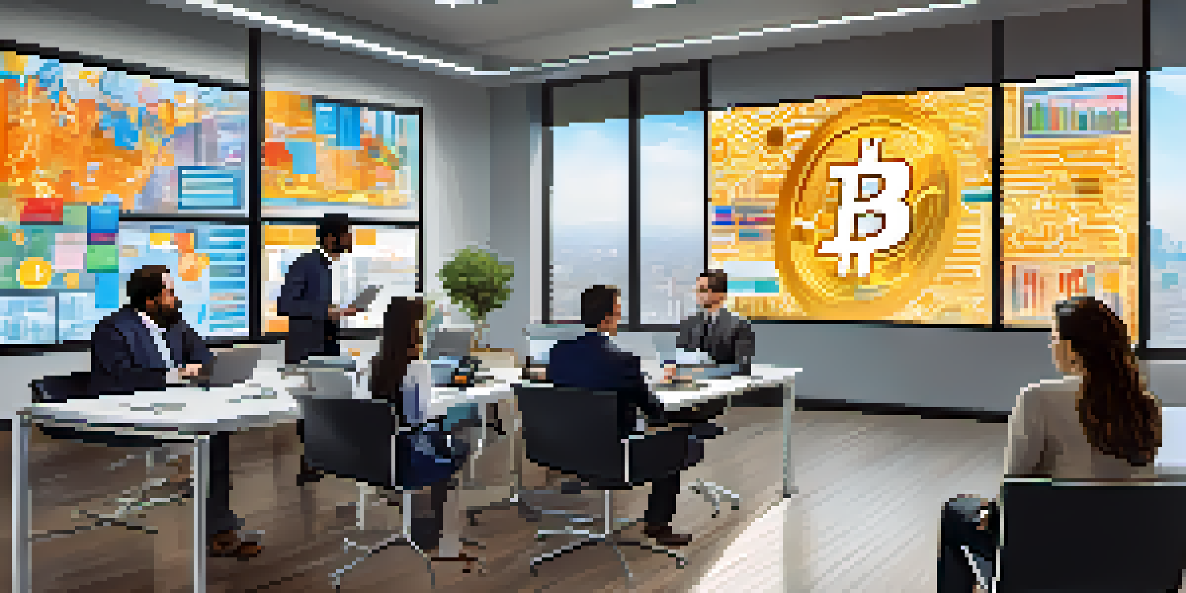 A group of diverse professionals in a modern office discussing Bitcoin trends with digital displays and graphs.