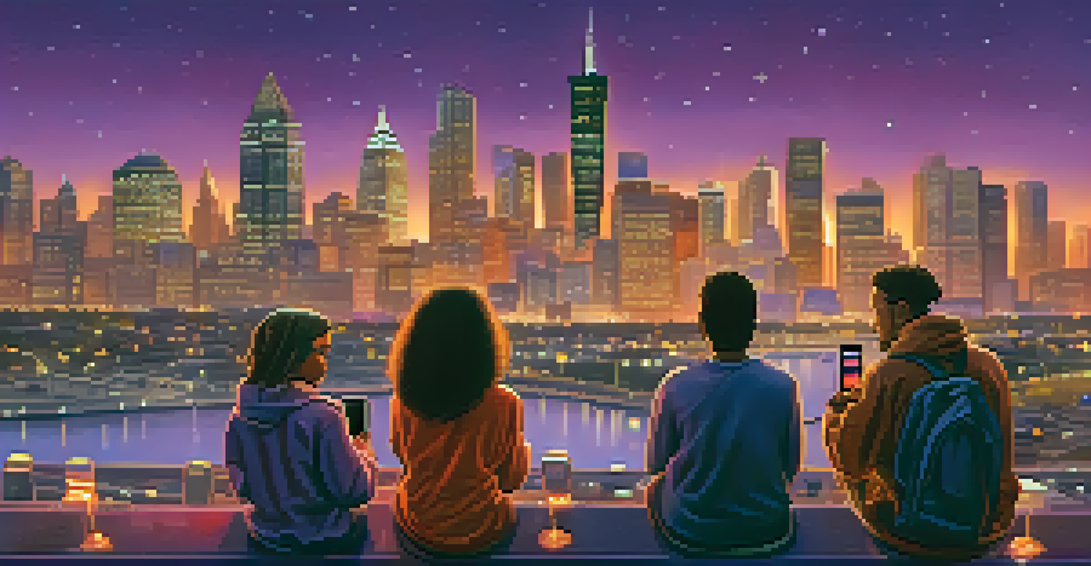 A diverse group of people engaging with Bitcoin on smartphones against a city skyline at dusk.