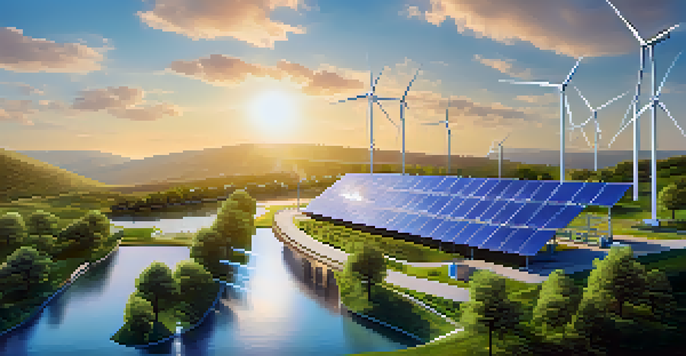 A peaceful landscape of a Bitcoin mining facility with renewable energy sources like solar panels and wind turbines, surrounded by greenery under a clear blue sky.