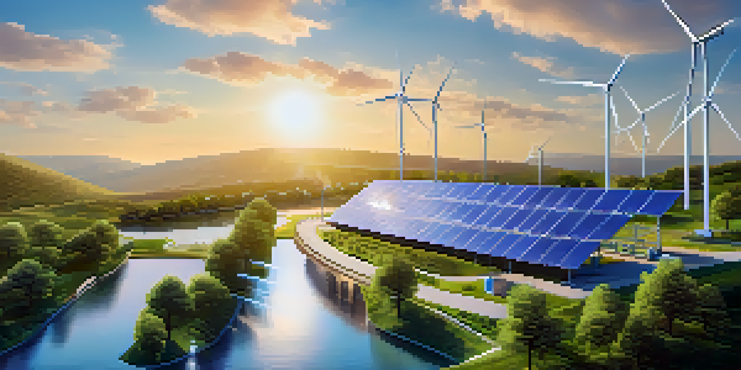 A peaceful landscape of a Bitcoin mining facility with renewable energy sources like solar panels and wind turbines, surrounded by greenery under a clear blue sky.