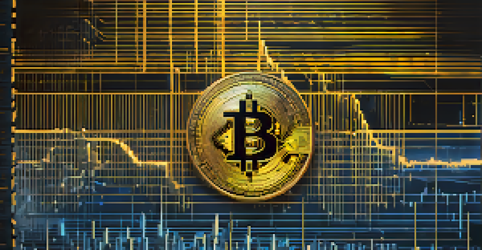 An abstract image illustrating Bitcoin mining difficulty with a digital scale and fluctuating graphs against a blue and gold background.