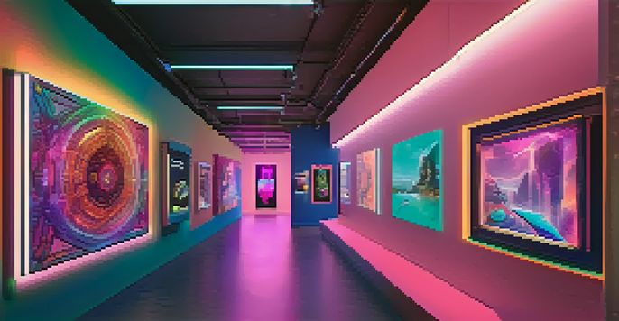 A modern digital art gallery filled with colorful digital collectibles and people viewing them on screens.