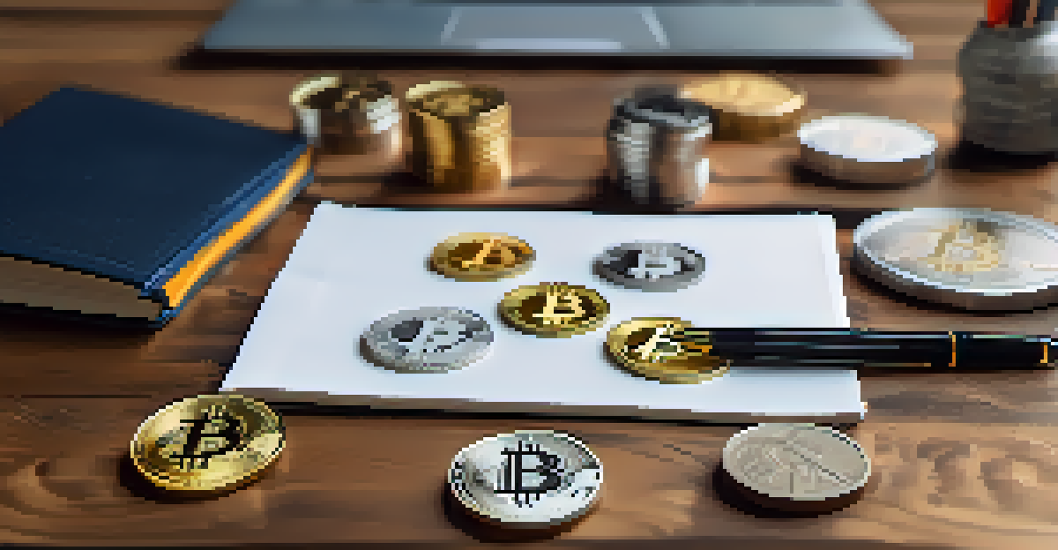 Various cryptocurrency coins arranged on a table with a notebook and pen.