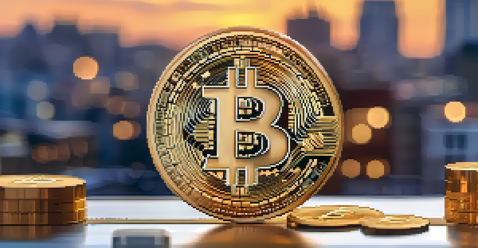 A Bitcoin coin on a small house model with a blurred city skyline in the background during sunset.