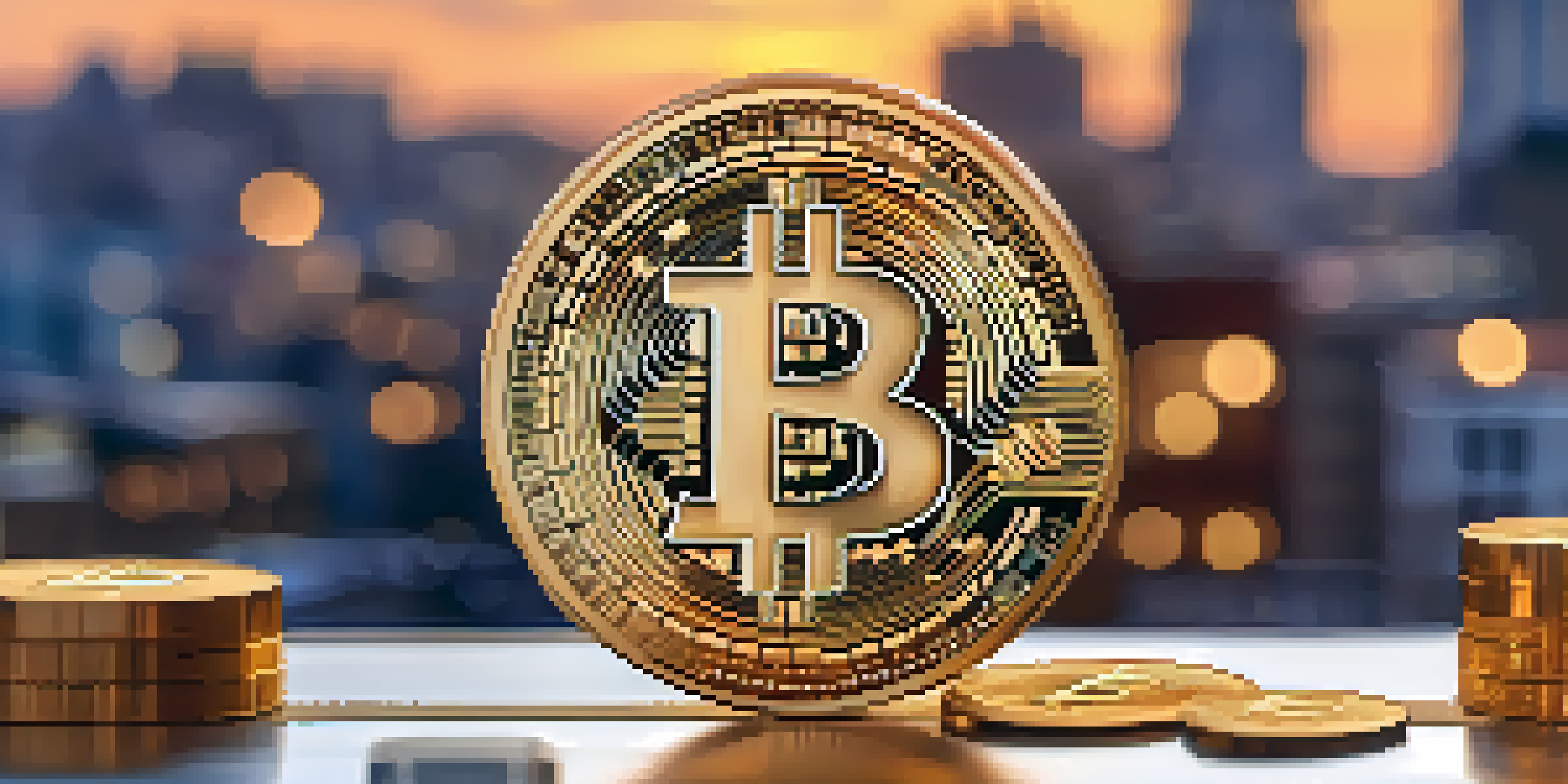 A Bitcoin coin on a small house model with a blurred city skyline in the background during sunset.