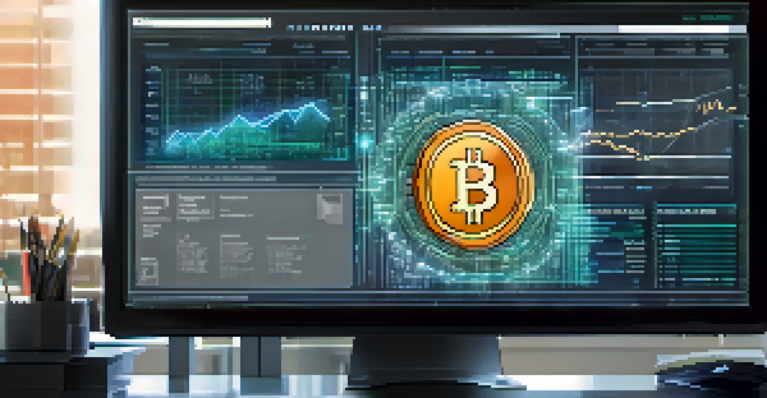 A close-up view of a blockchain ledger on a computer screen, highlighting Bitcoin transaction data in a modern office setting.
