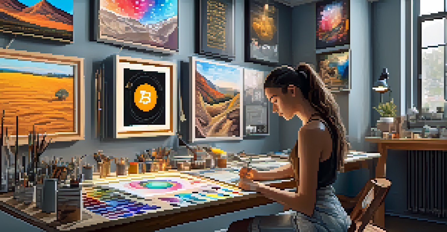 An artist in a bright studio working on a digital canvas displaying NFT art, with tools and screens showing Bitcoin transactions in the background.