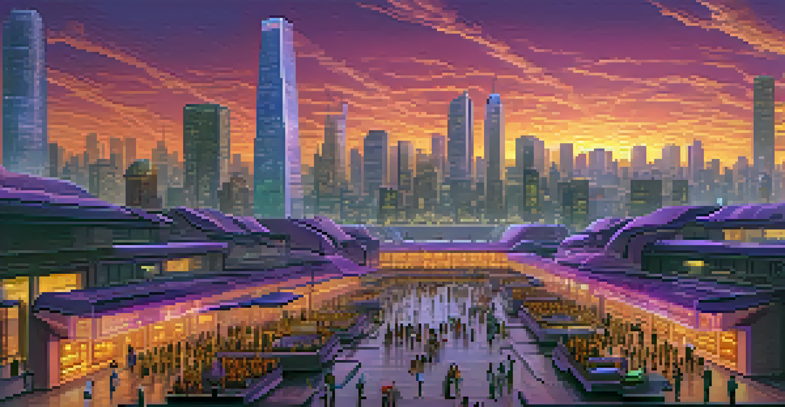 A futuristic city skyline at dusk, showcasing illuminated buildings and digital screens with Bitcoin and CBDC symbols, representing modern financial transactions.