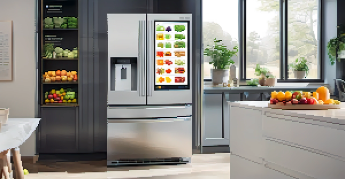 A modern kitchen featuring a futuristic smart fridge that dispenses fruits and vegetables, with a digital screen showing a grocery list and a Bitcoin logo.