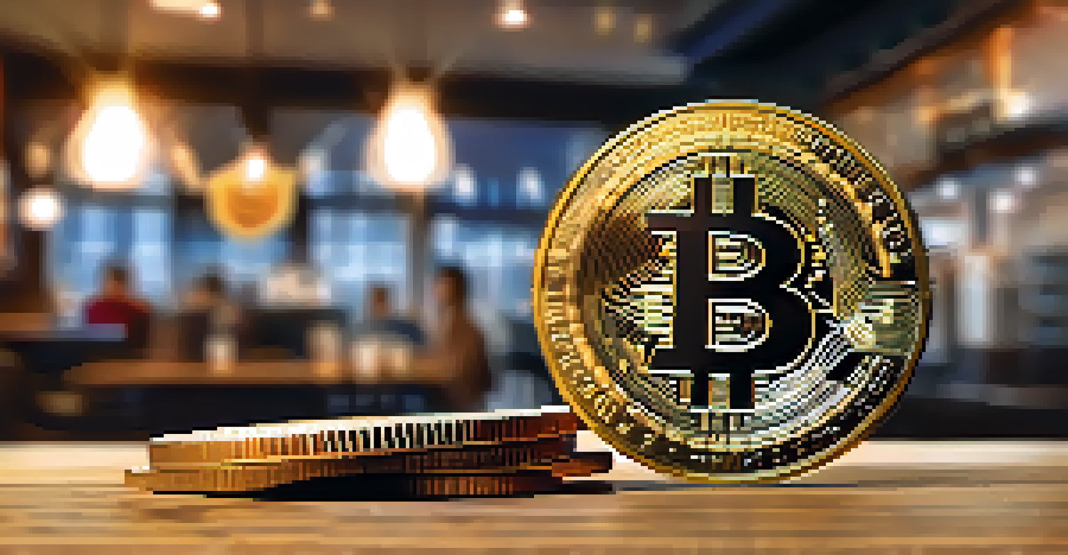 A detailed close-up of a Bitcoin coin on a wooden table with a blurred coffee shop in the background.