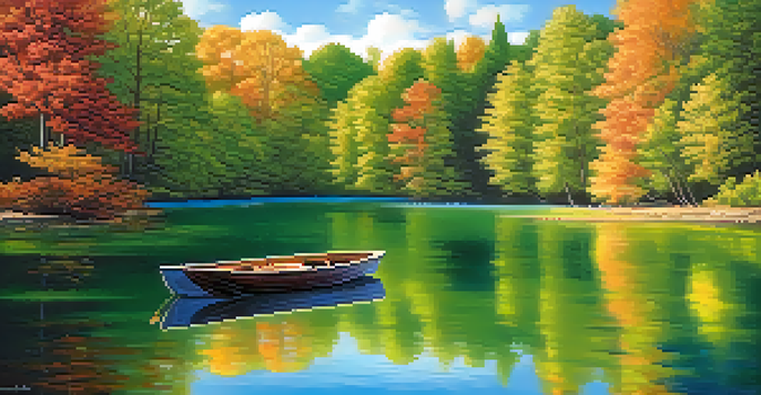 A tranquil lake with green forests and a blue sky, featuring a small wooden boat on the water.