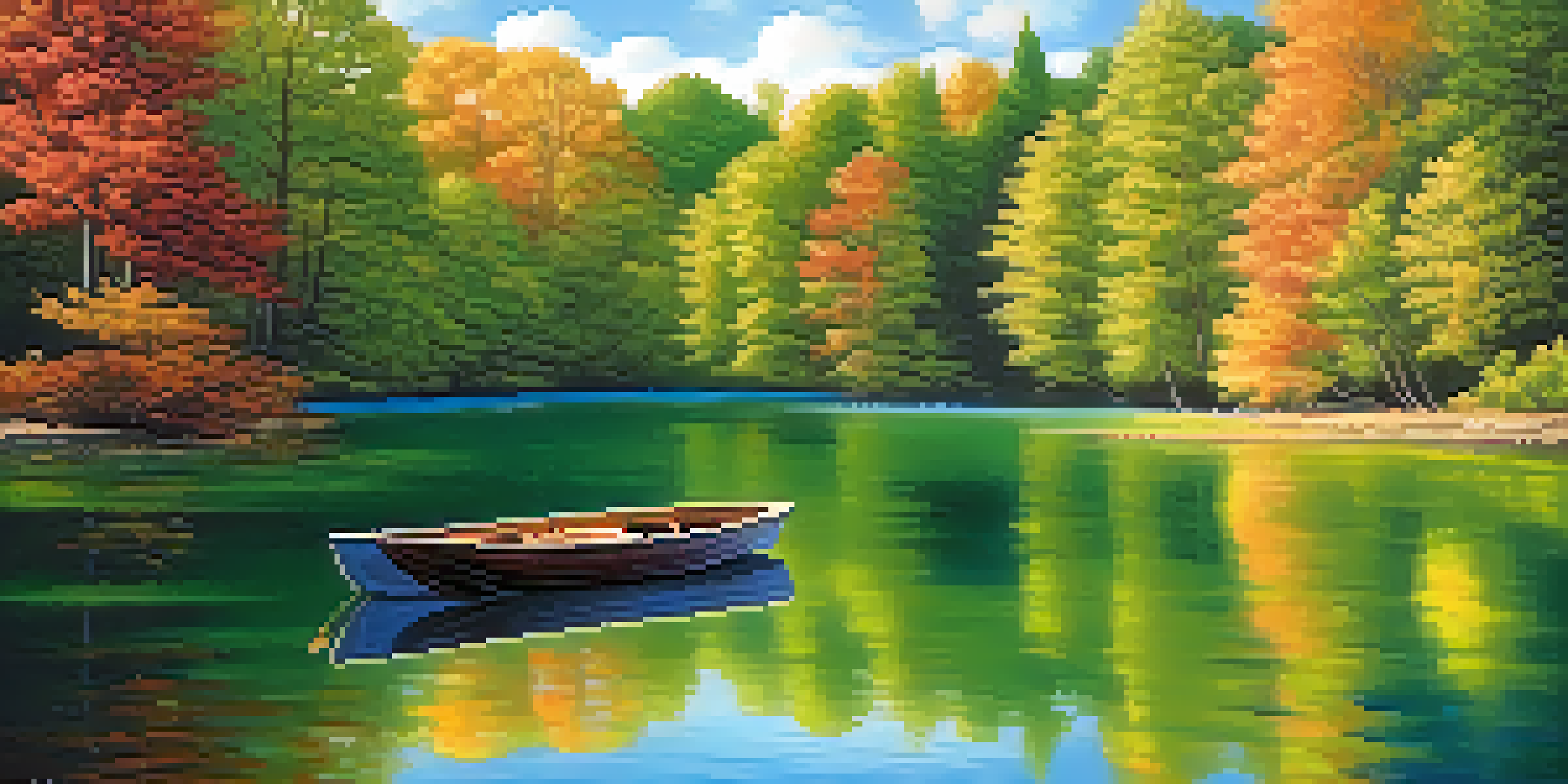 A tranquil lake with green forests and a blue sky, featuring a small wooden boat on the water.