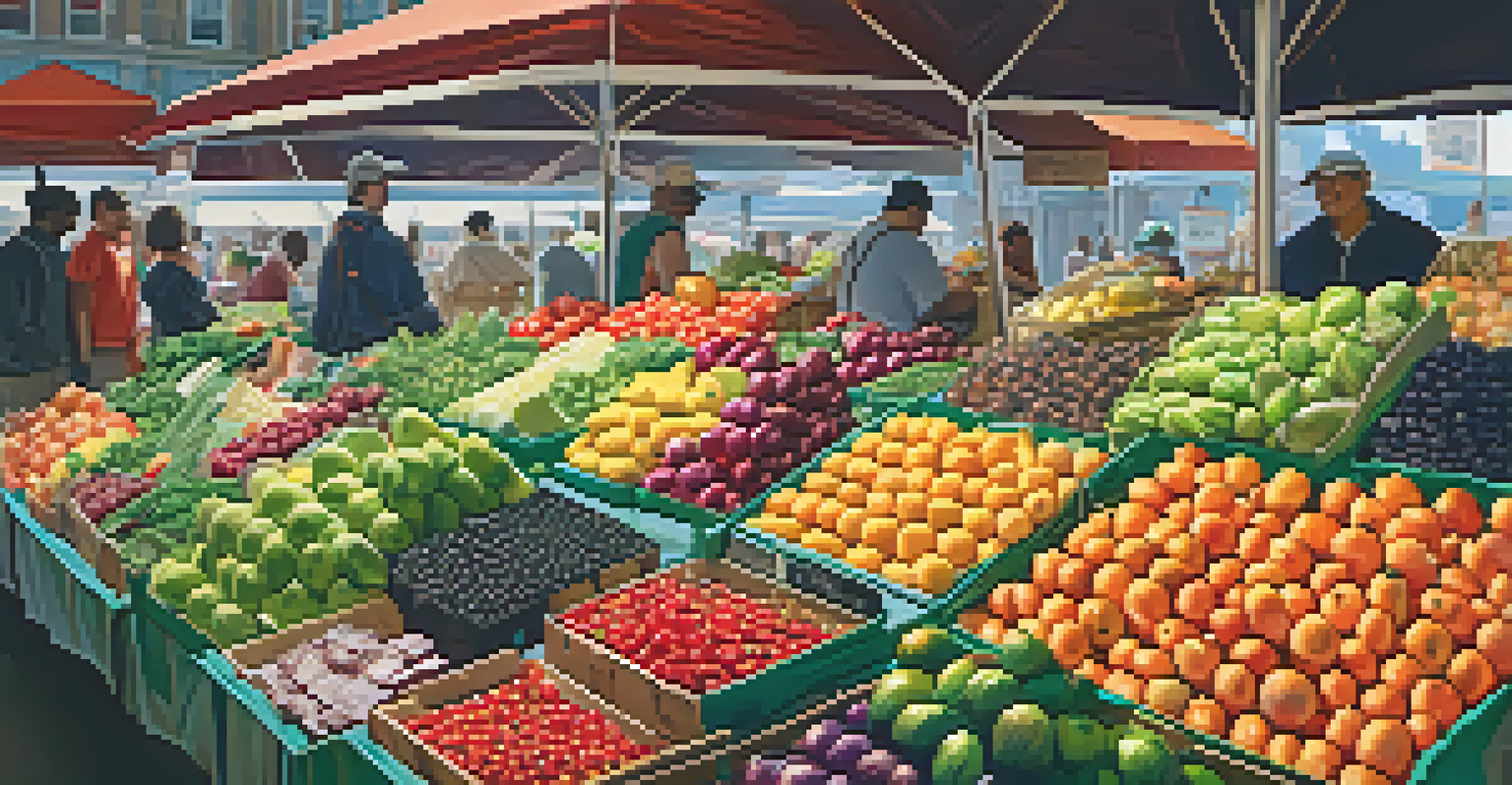 A lively city market with colorful fruits and vegetables on display.