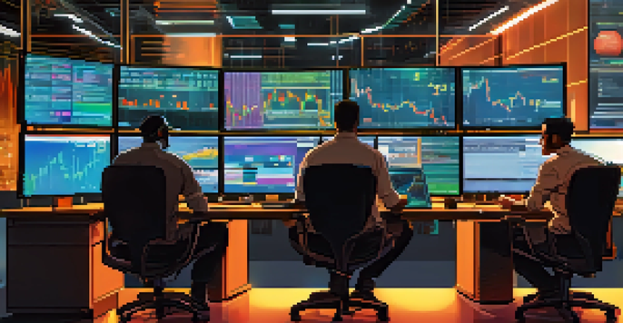 A diverse group of traders intensely focused on multiple computer screens showing Bitcoin price charts and trading data in a bright, modern trading room.