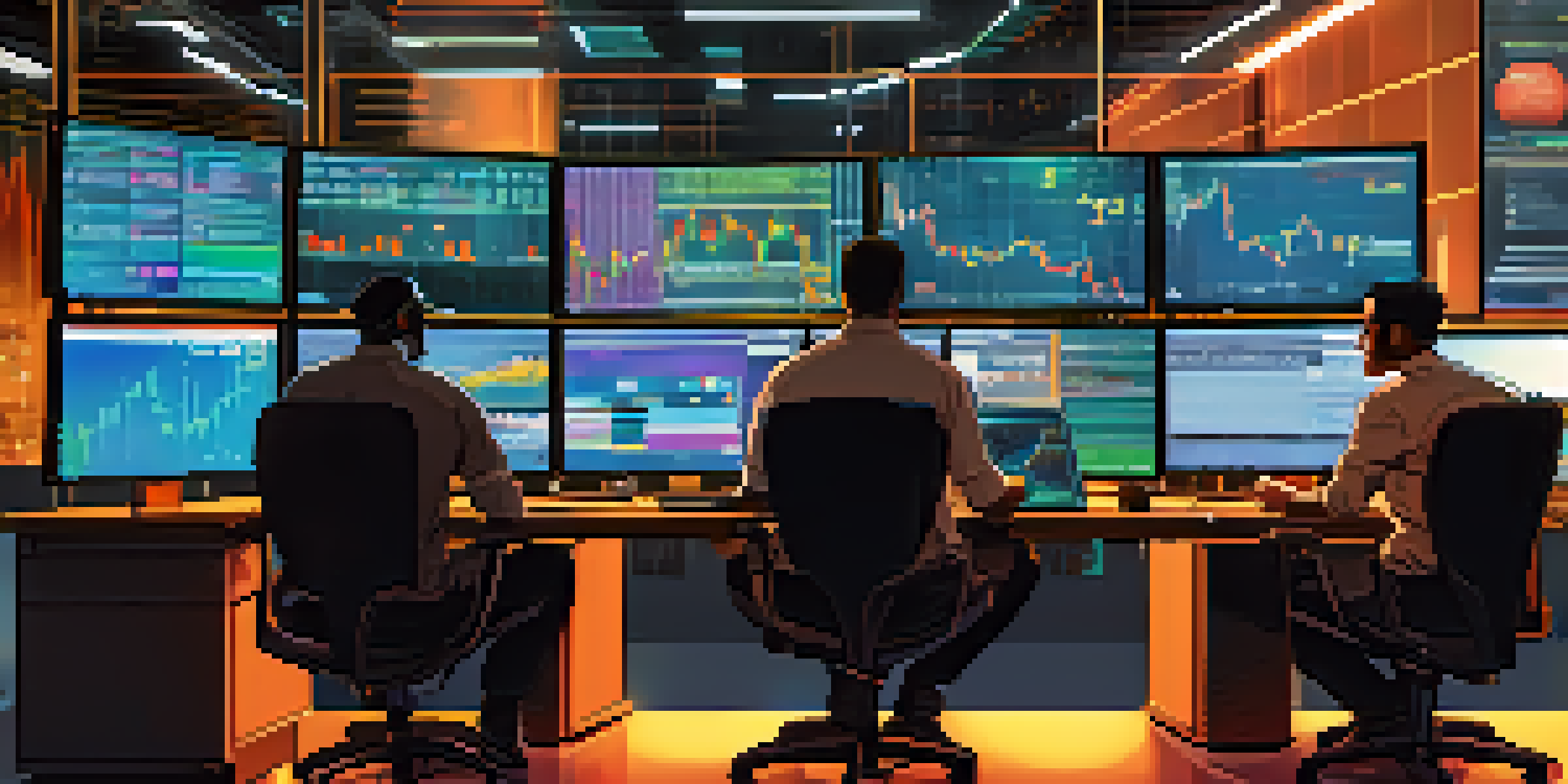 A diverse group of traders intensely focused on multiple computer screens showing Bitcoin price charts and trading data in a bright, modern trading room.