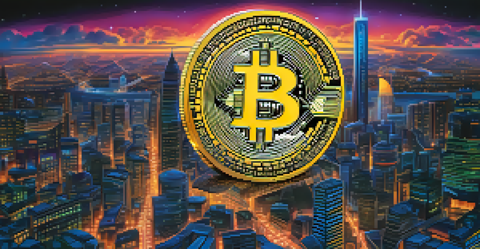 A glowing Bitcoin coin surrounded by global currency symbols and a futuristic city skyline, representing decentralized employment.