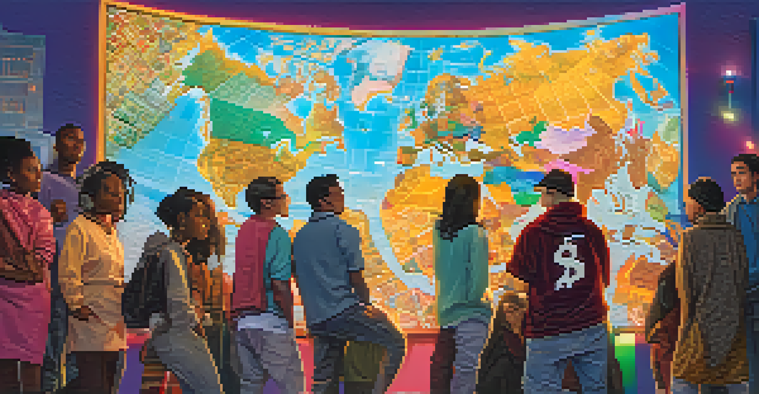 A diverse group of people discussing global philanthropy with a digital screen showing a world map and Bitcoin logos.